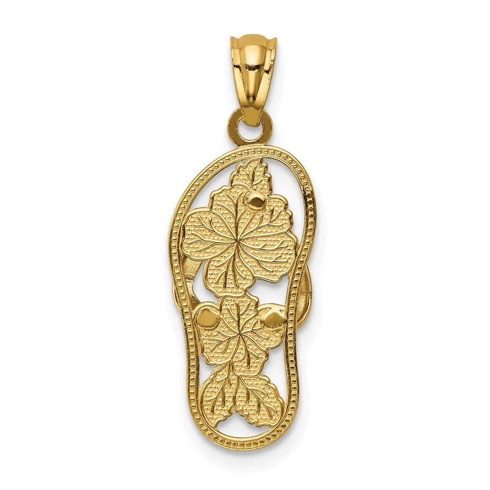 14k w/Rhodium Polished Floral Flip Flop Pendant