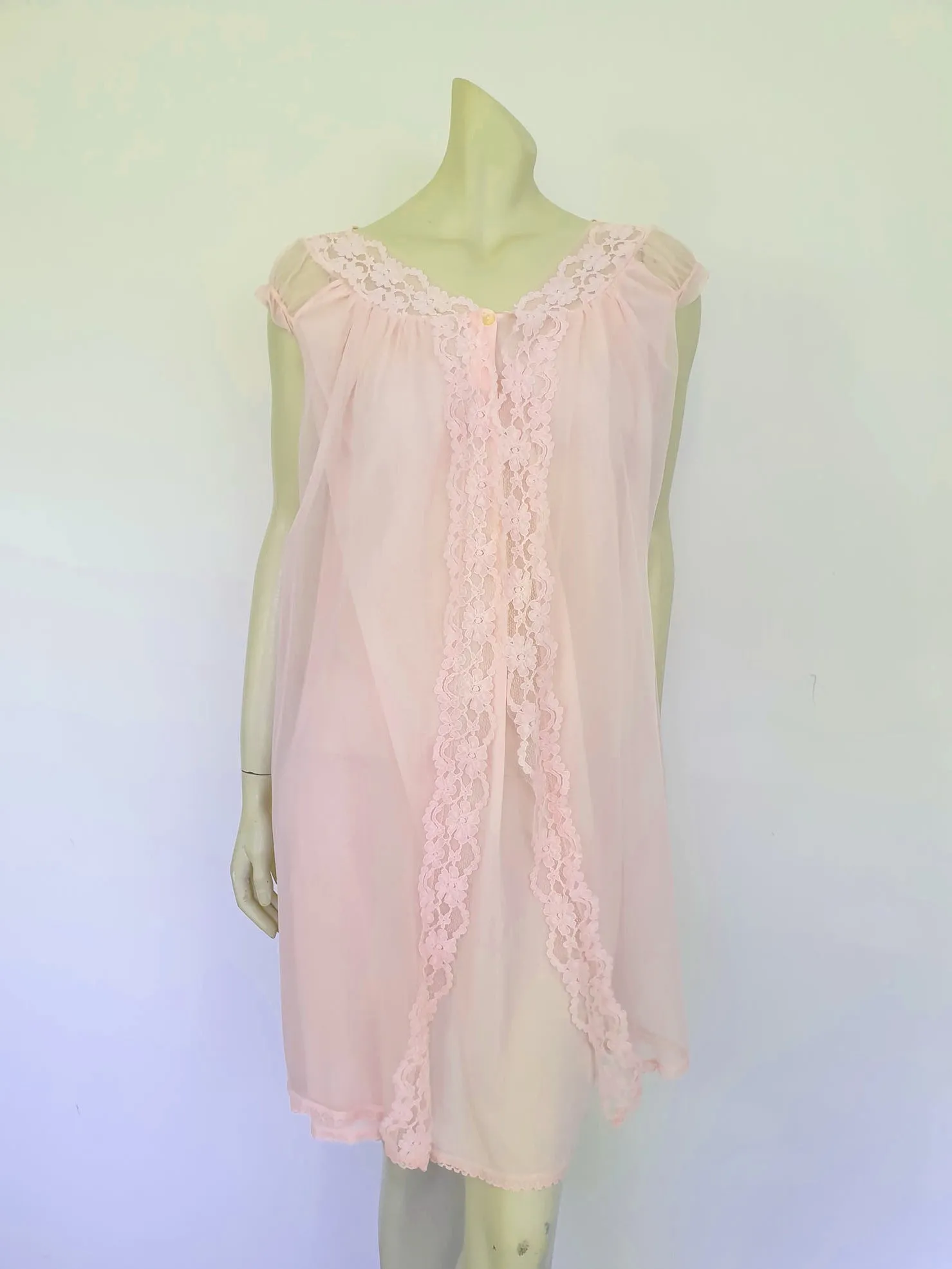 1960s Pink Nightgown With Sheer Overlay - M
