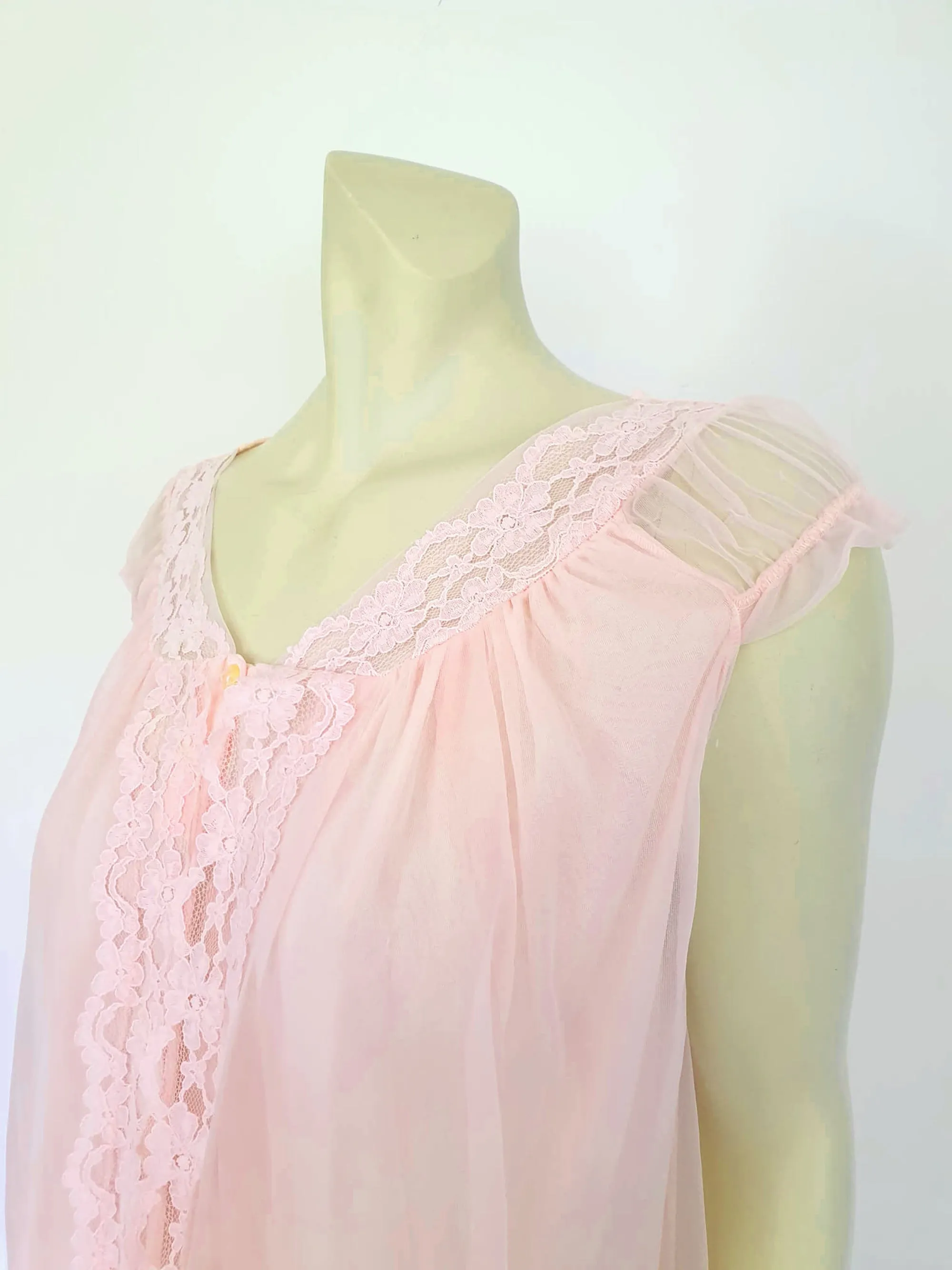 1960s Pink Nightgown With Sheer Overlay - M