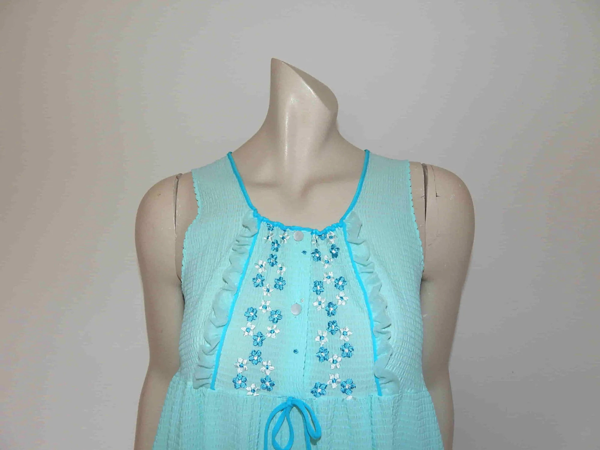 1970s Aqua Seersucker Mini Nightgown - S