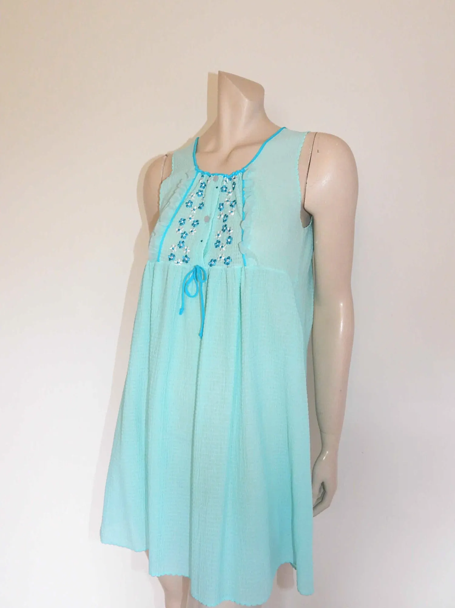 1970s Aqua Seersucker Mini Nightgown - S