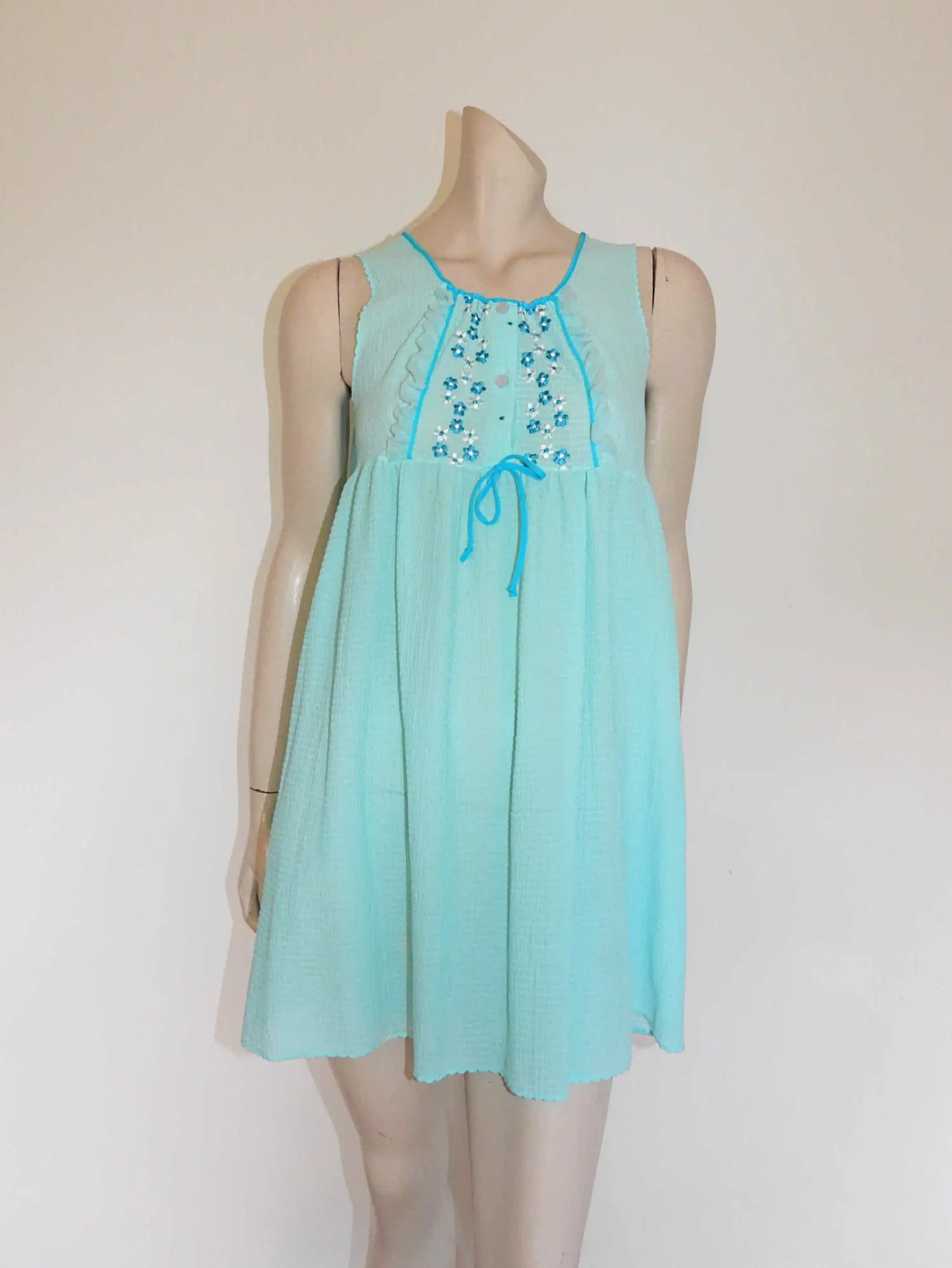 1970s Aqua Seersucker Mini Nightgown - S