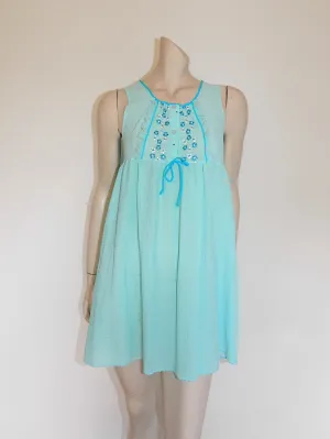 1970s Aqua Seersucker Mini Nightgown - S