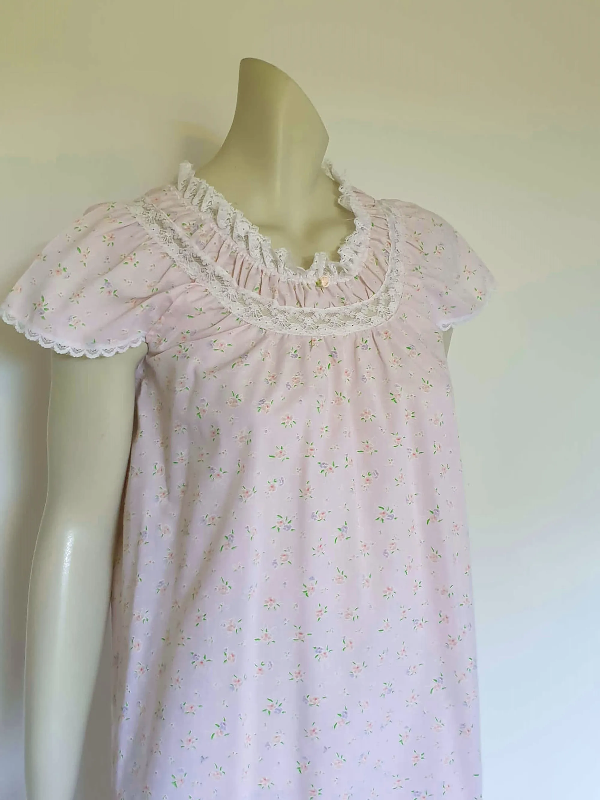 1970s Pink Floral Mini Nightgown - S