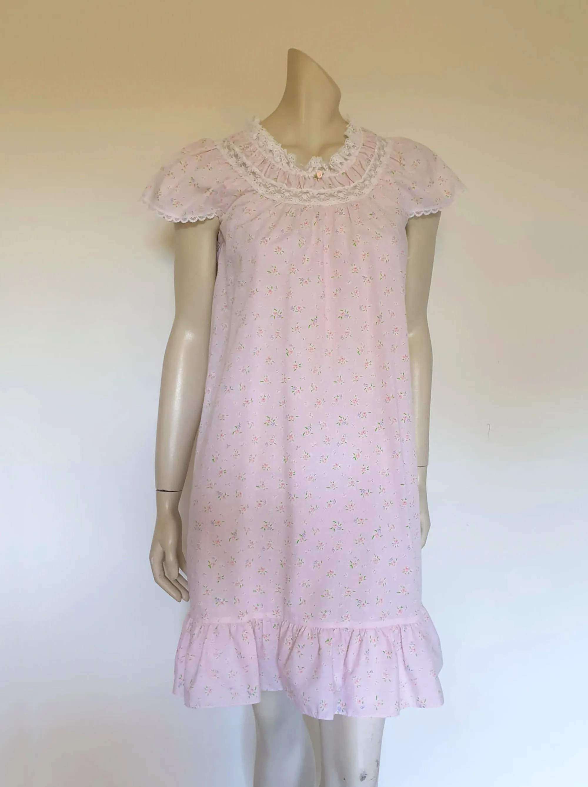 1970s Pink Floral Mini Nightgown - S