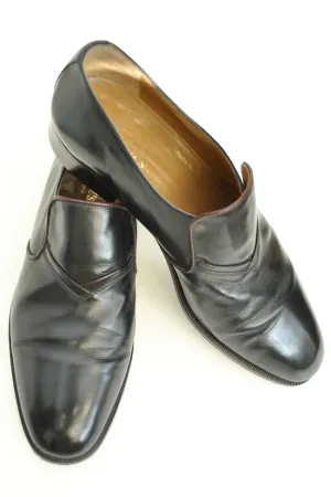 1970s Vintage Men's Black Leather Mod Loafers Slip on Dress Shoes • Size 41.5