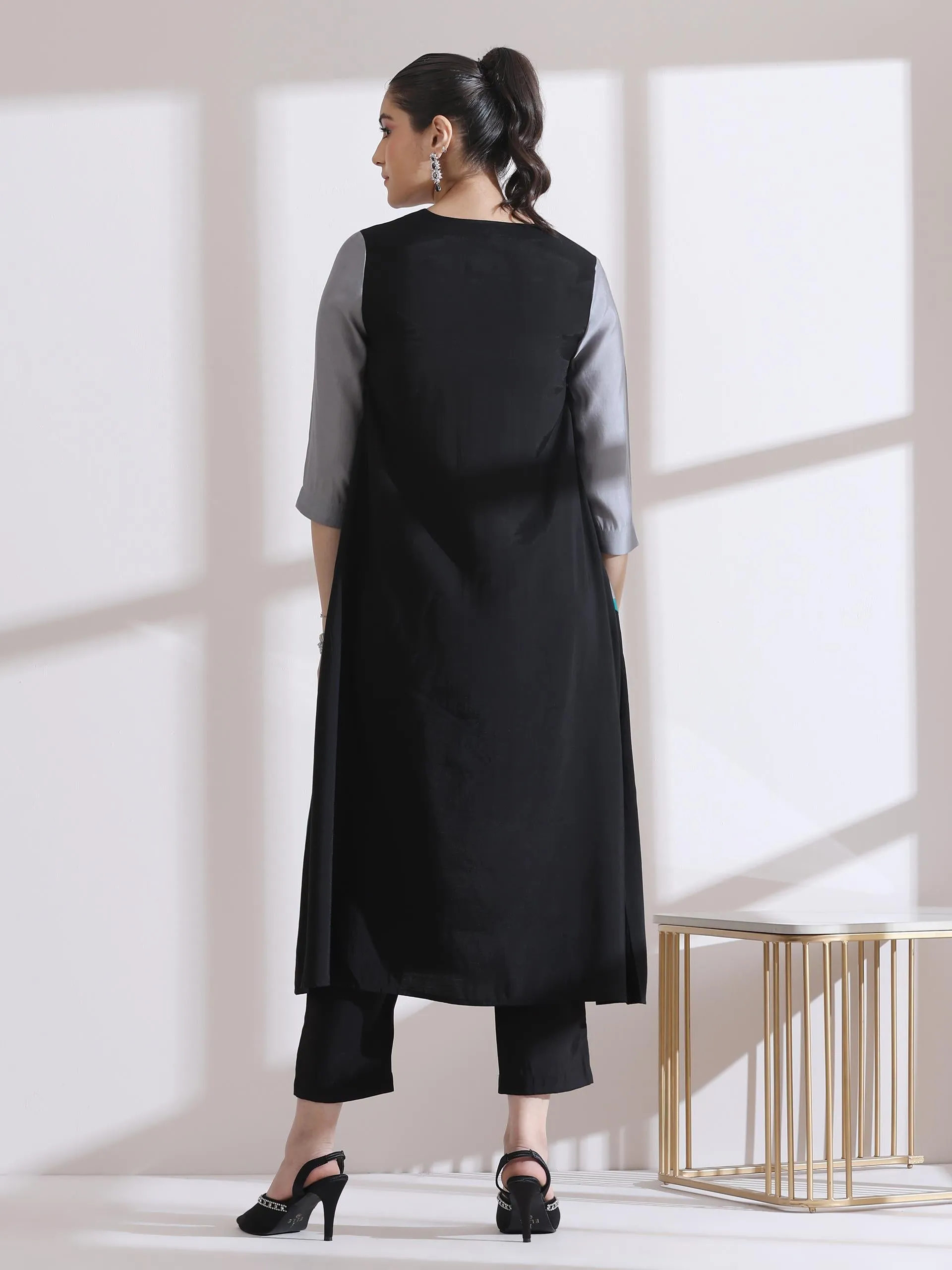 2 Pc Set - Airskin Black And Blue Triangle Kurta With Pants