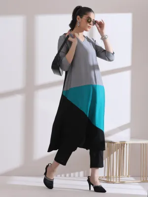 2 Pc Set - Airskin Black And Blue Triangle Kurta With Pants