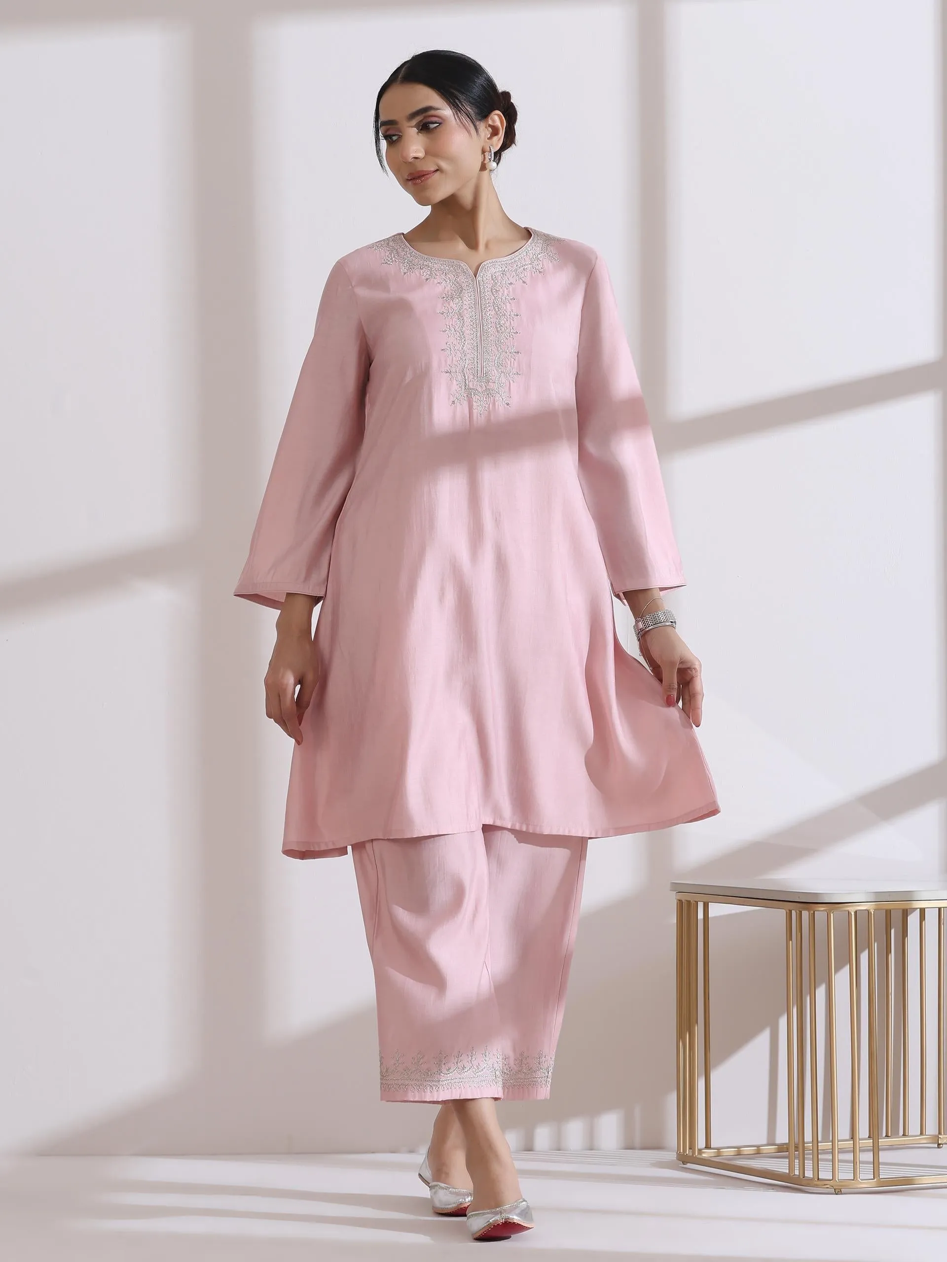 2 Pc Set - Airskin Light Pink Kurta With Embroidery On Top And Pants