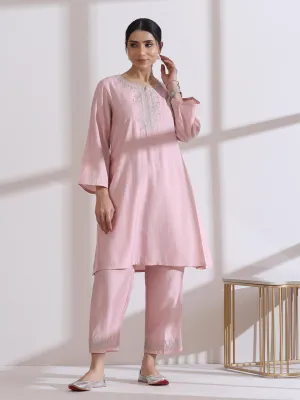 2 Pc Set - Airskin Light Pink Kurta With Embroidery On Top And Pants