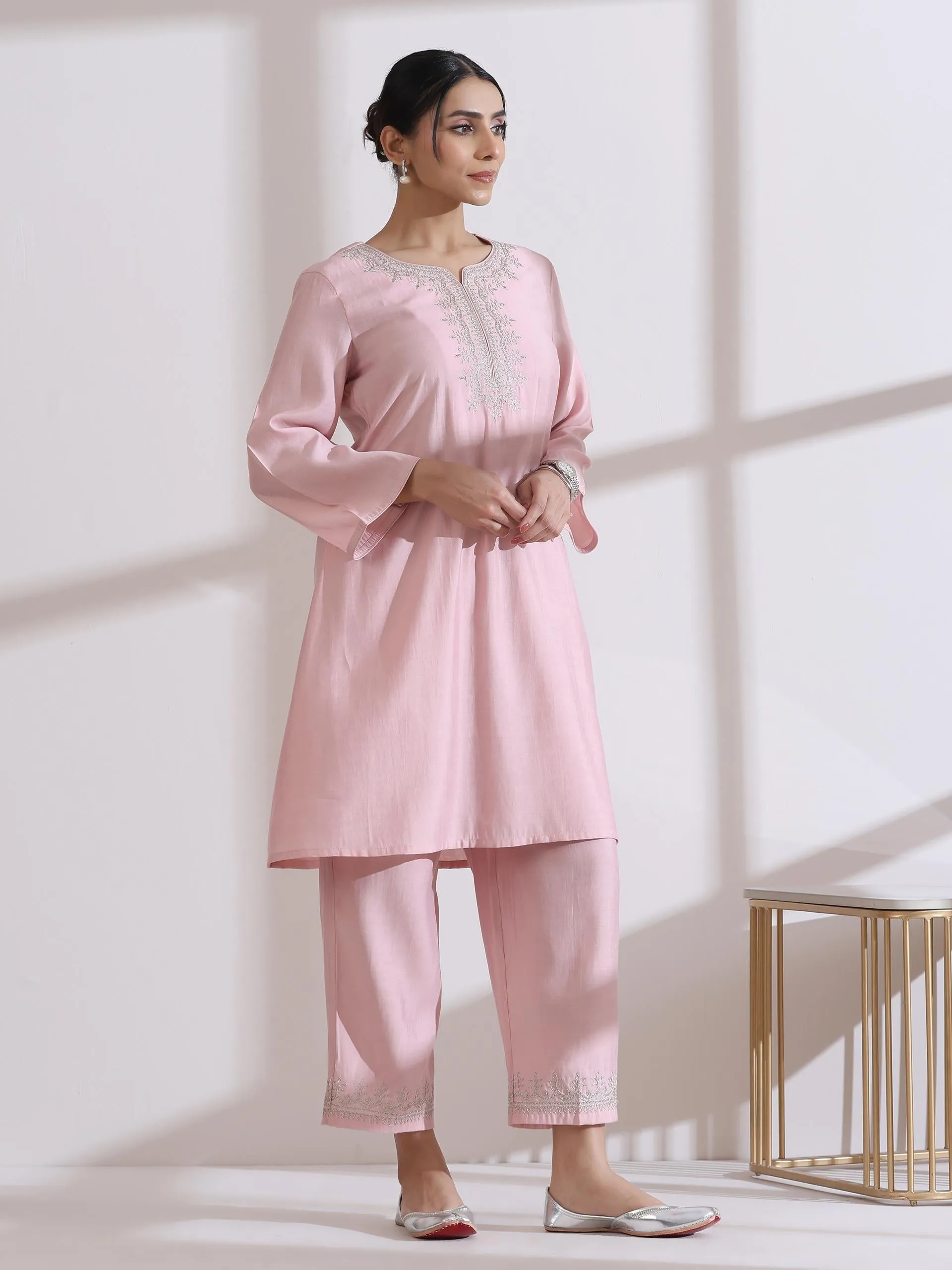 2 Pc Set - Airskin Light Pink Kurta With Embroidery On Top And Pants