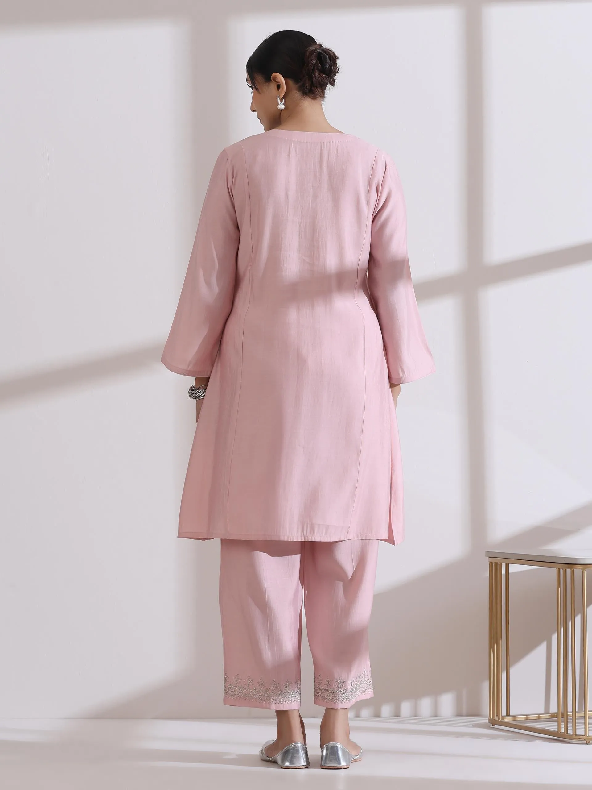 2 Pc Set - Airskin Light Pink Kurta With Embroidery On Top And Pants