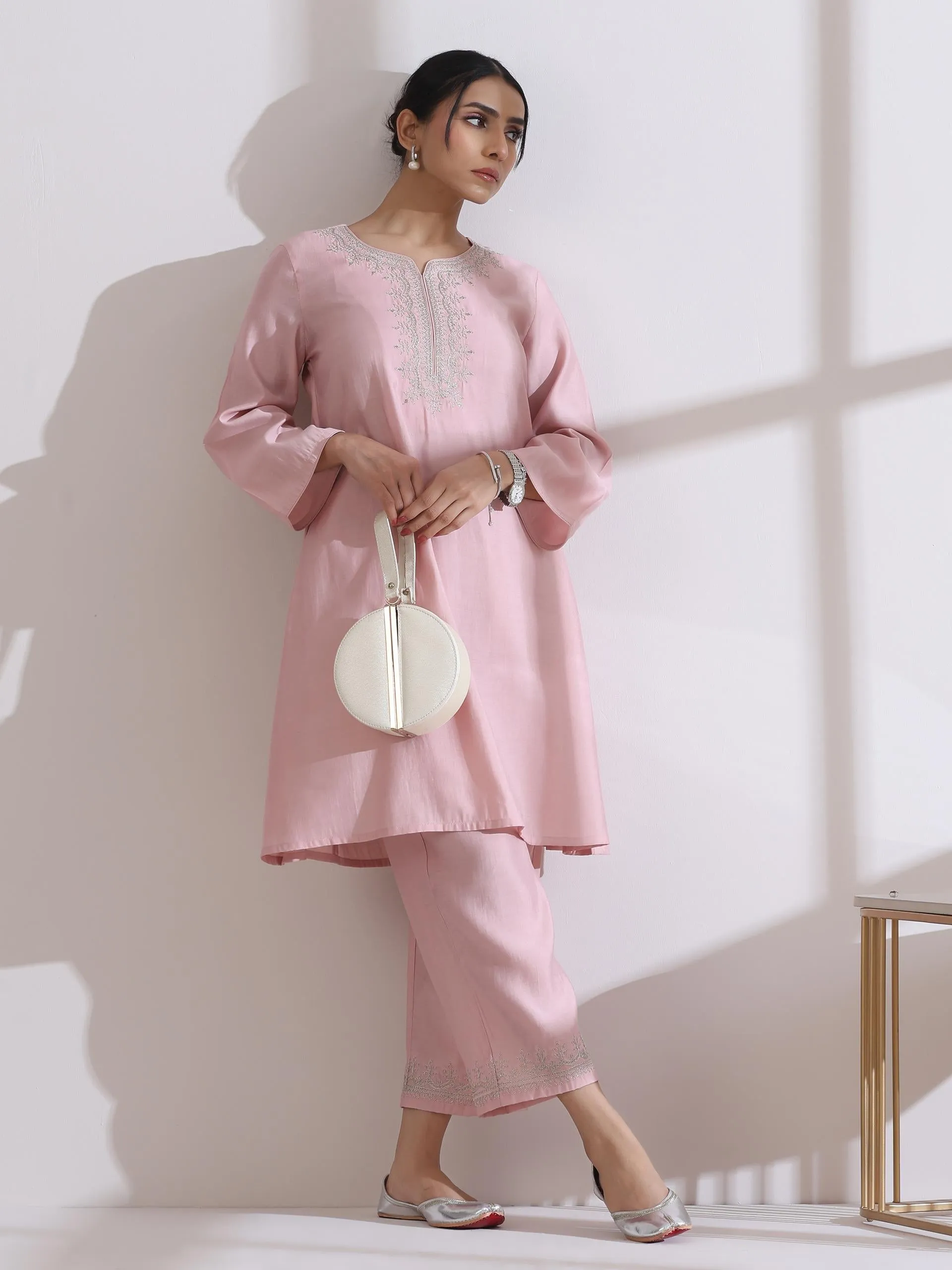 2 Pc Set - Airskin Light Pink Kurta With Embroidery On Top And Pants