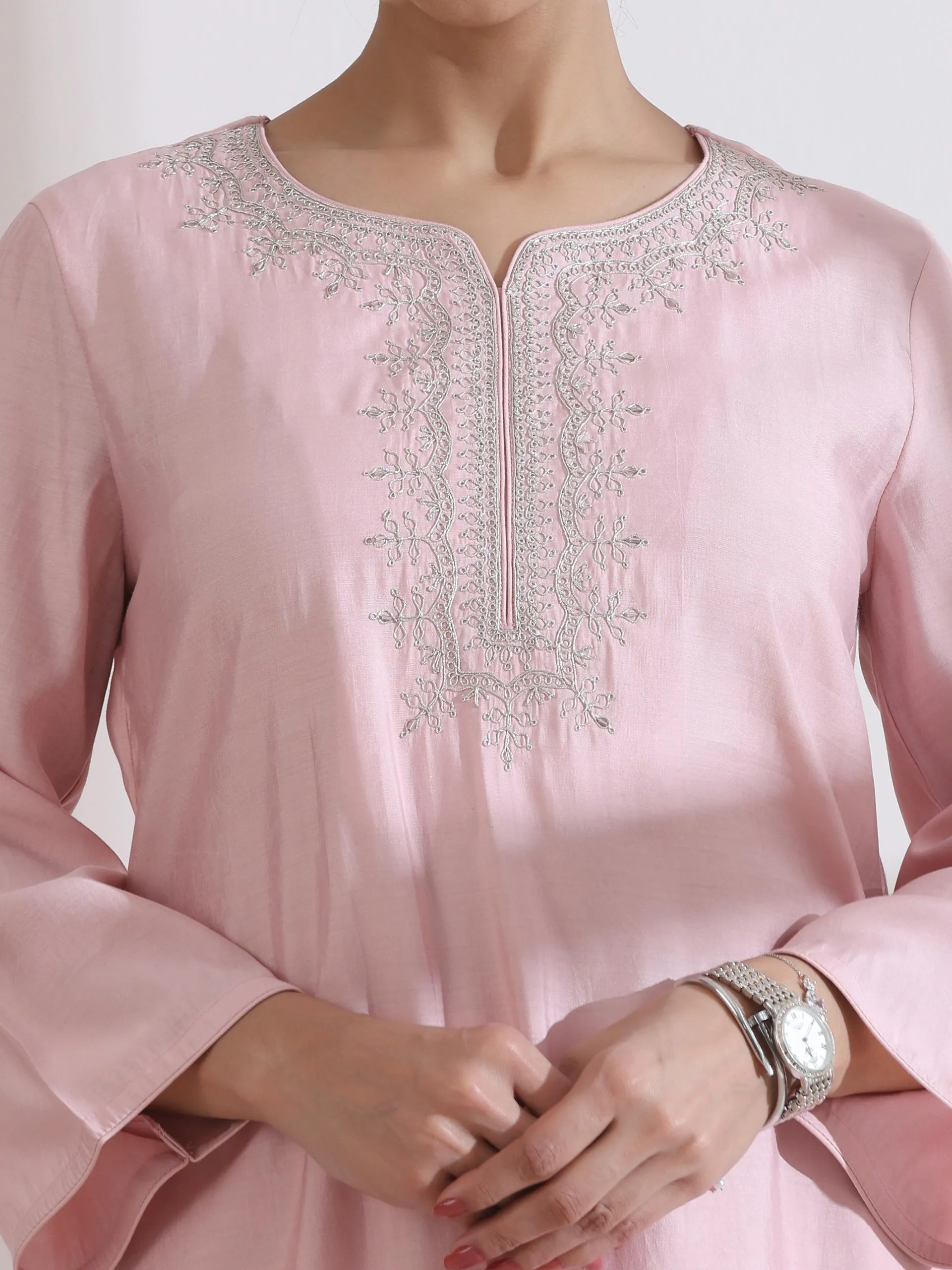 2 Pc Set - Airskin Light Pink Kurta With Embroidery On Top And Pants