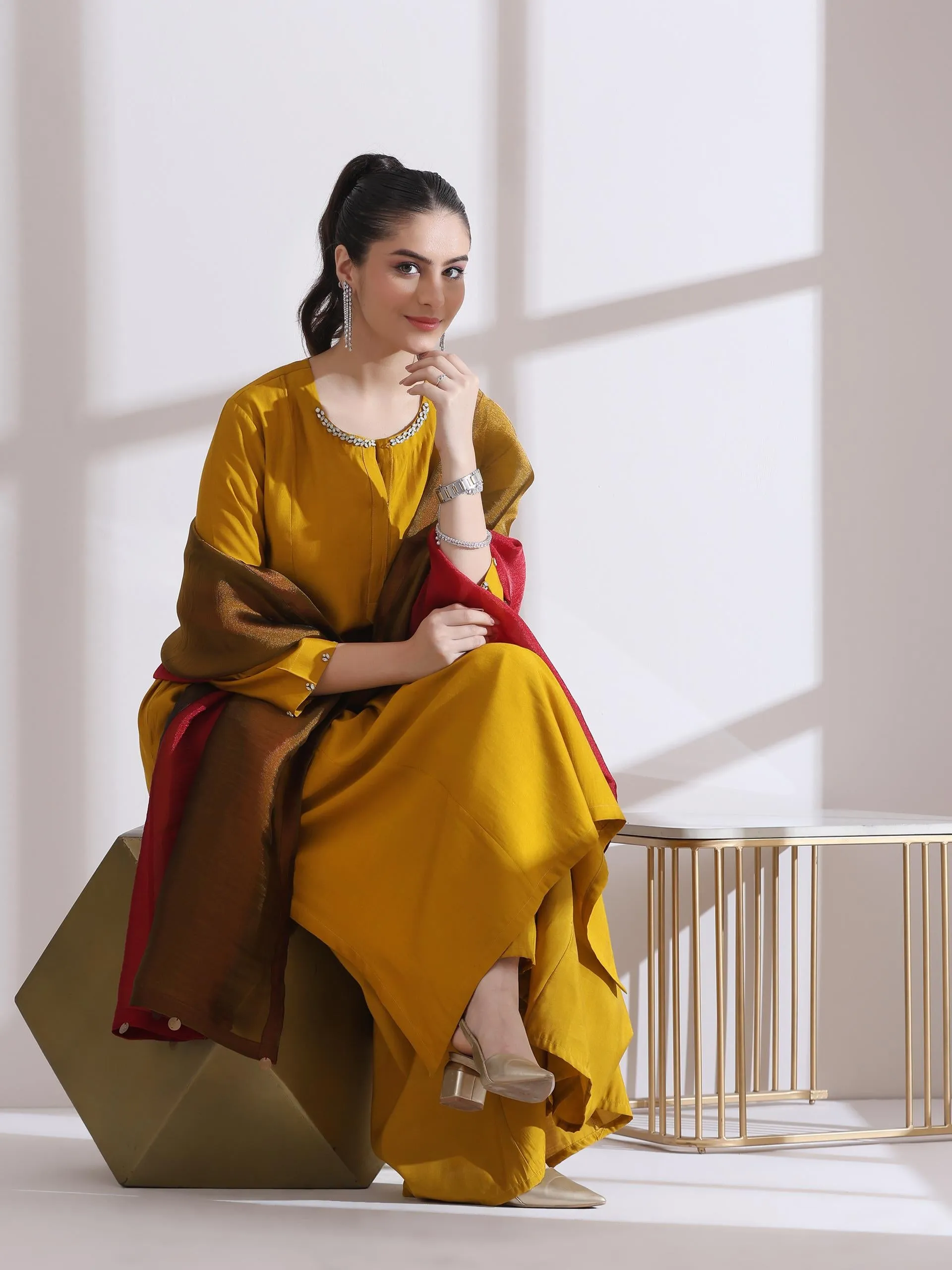 2 Pc Set - Airskin Mustard Beaded Kurta With Pants