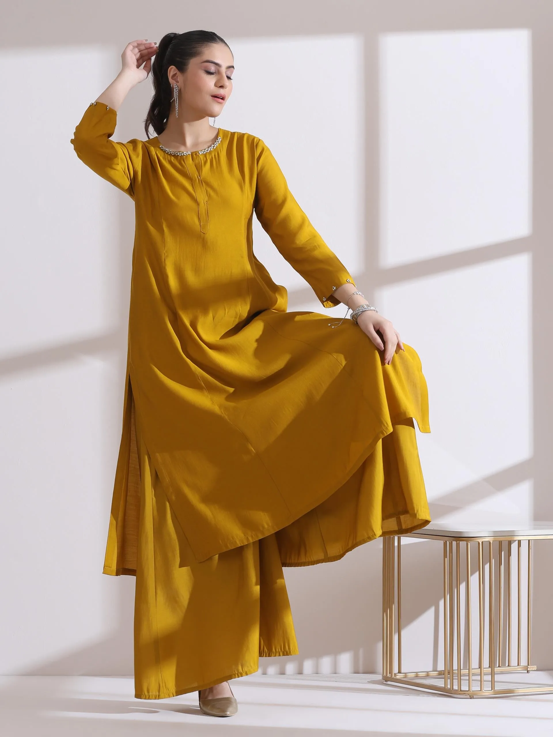 2 Pc Set - Airskin Mustard Beaded Kurta With Pants