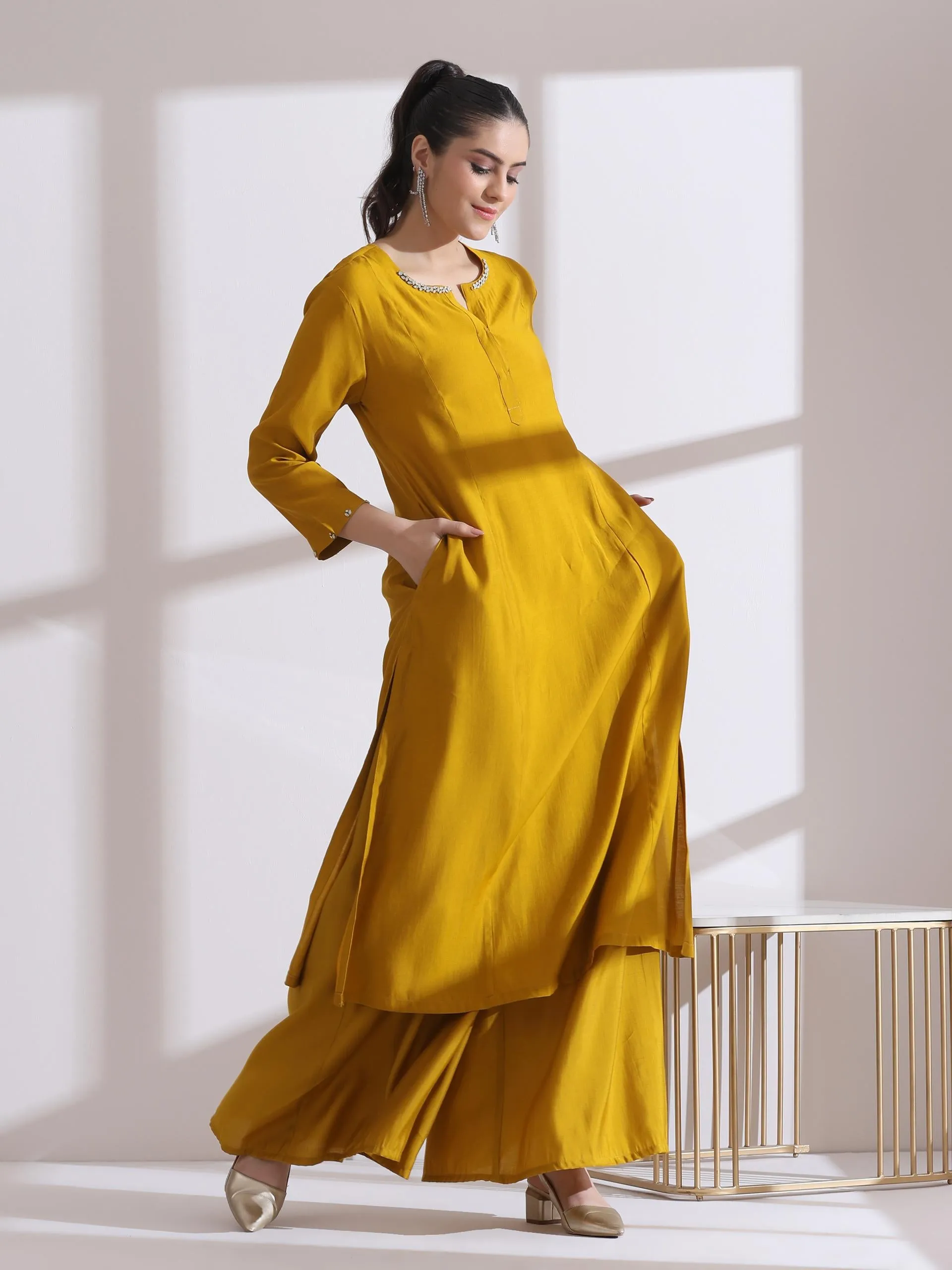 2 Pc Set - Airskin Mustard Beaded Kurta With Pants