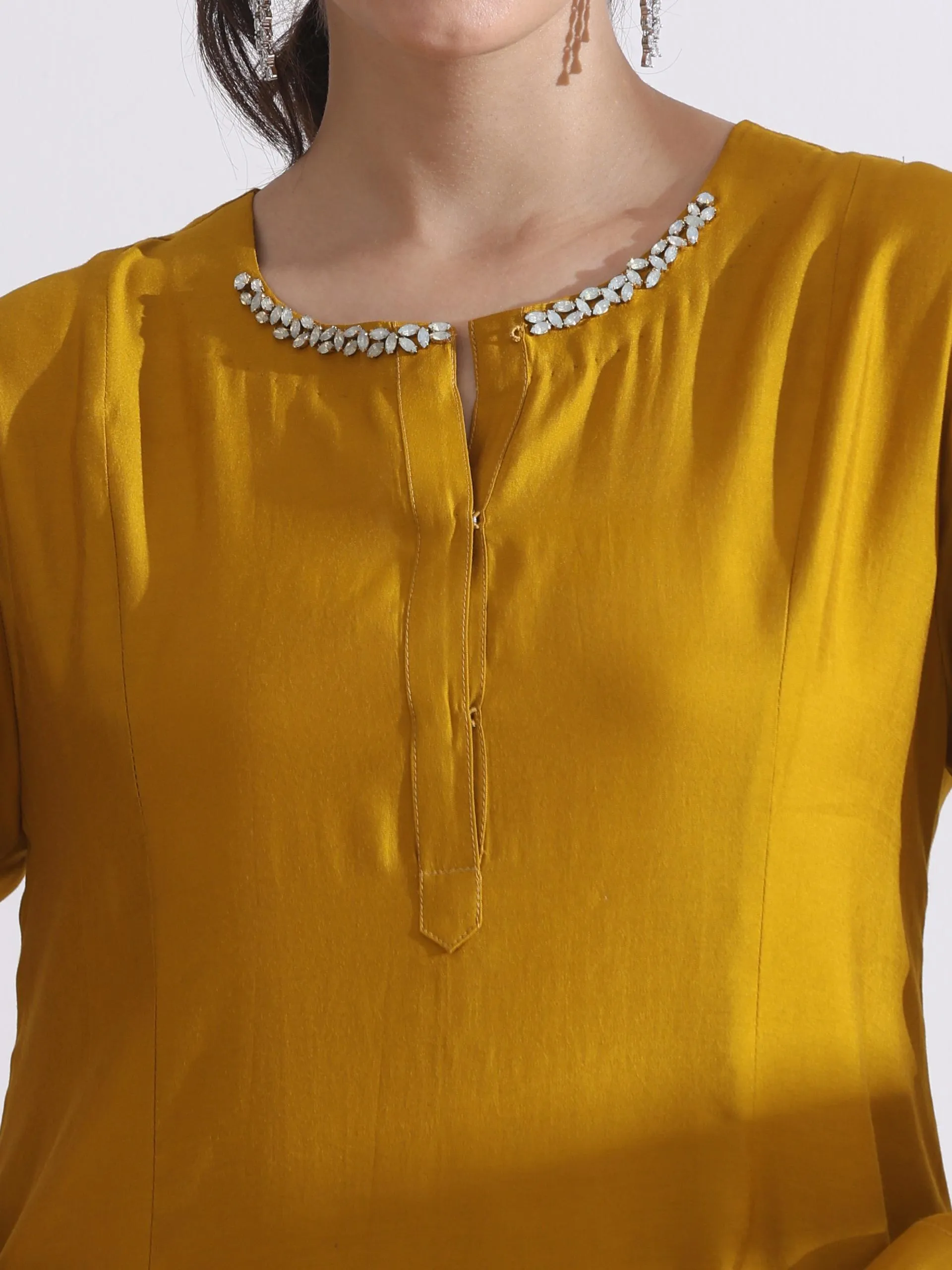 2 Pc Set - Airskin Mustard Beaded Kurta With Pants