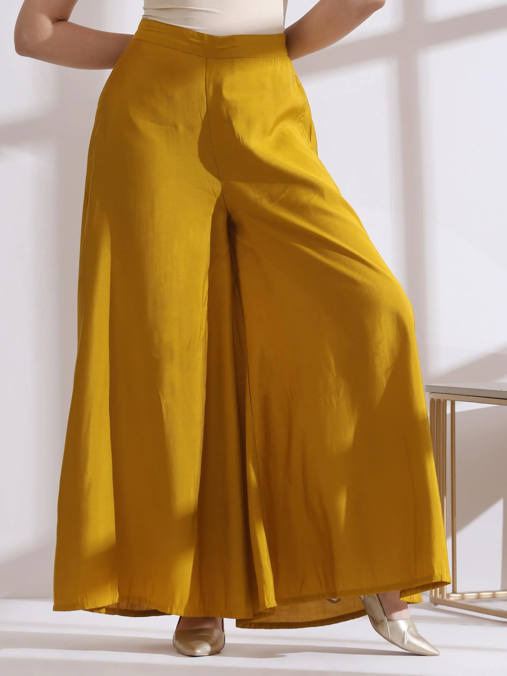 2 Pc Set - Airskin Mustard Beaded Kurta With Pants