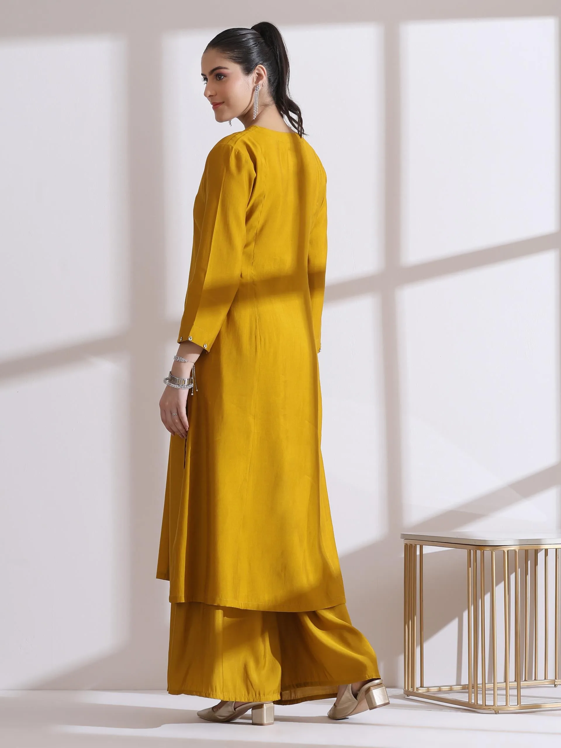 2 Pc Set - Airskin Mustard Beaded Kurta With Pants