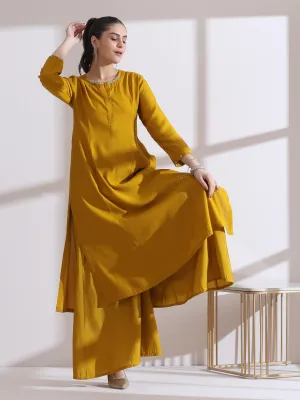 2 Pc Set - Airskin Mustard Beaded Kurta With Pants