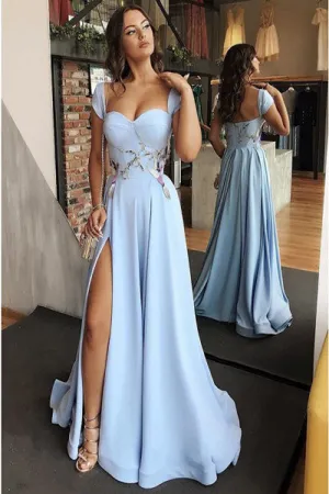 A-Line Scoop Cap Sleeves Floor-Length Light Blue Prom Dress with Appliques Split D002