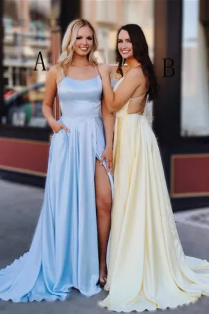 A-Line Spaghetti Straps Criss-Cross Back Light Blue Prom Dress with Pockets Split LPD096
