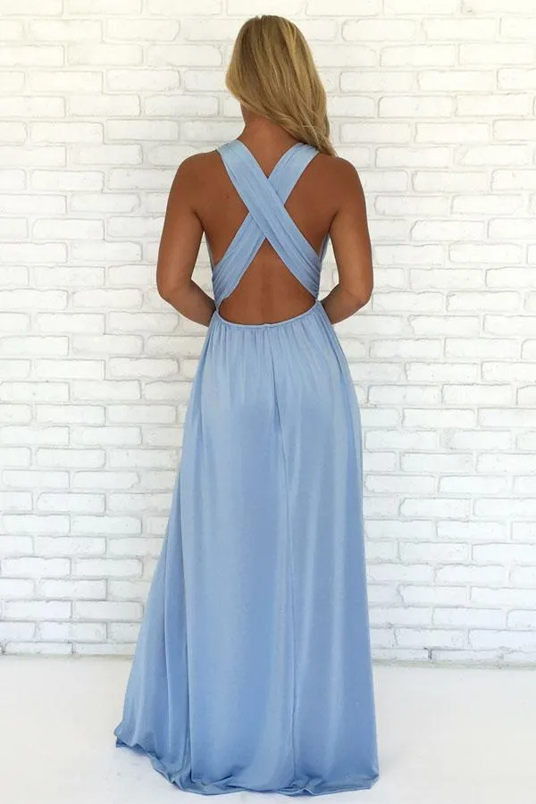 A-Line V-Neck Criss-Cross Back Light Blue Chiffon Long Prom Dress with Split L008