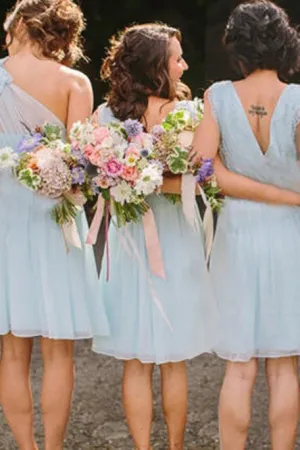 A-Line V-Neck Knee-Length Light Blue Bridesmaid Dress with Lace Pleats OHS015