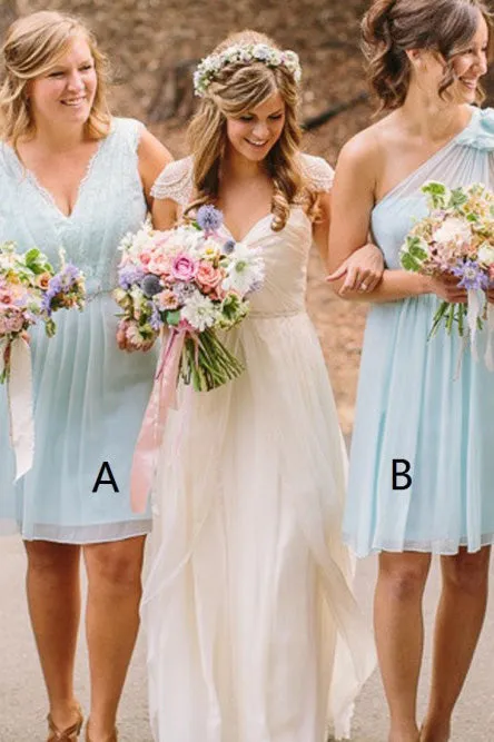 A-Line V-Neck Knee-Length Light Blue Bridesmaid Dress with Lace Pleats OHS015