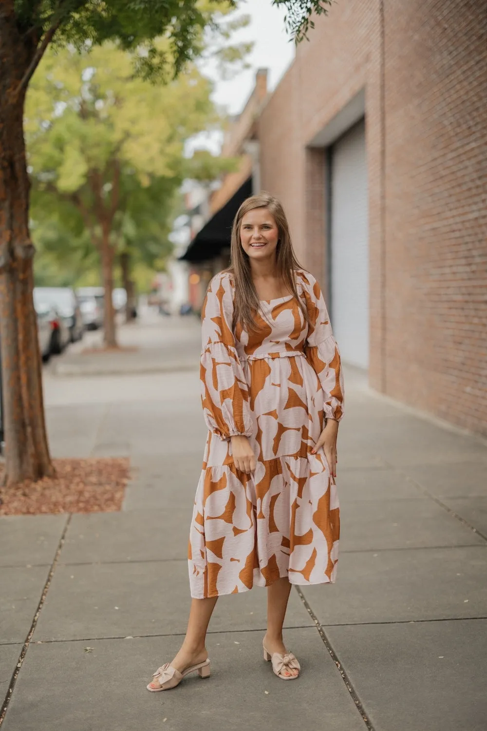 Abbie Abstract Print Bubble Sleeve Midi Dress (S-3XL)