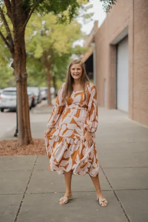 Abbie Abstract Print Bubble Sleeve Midi Dress (S-3XL)