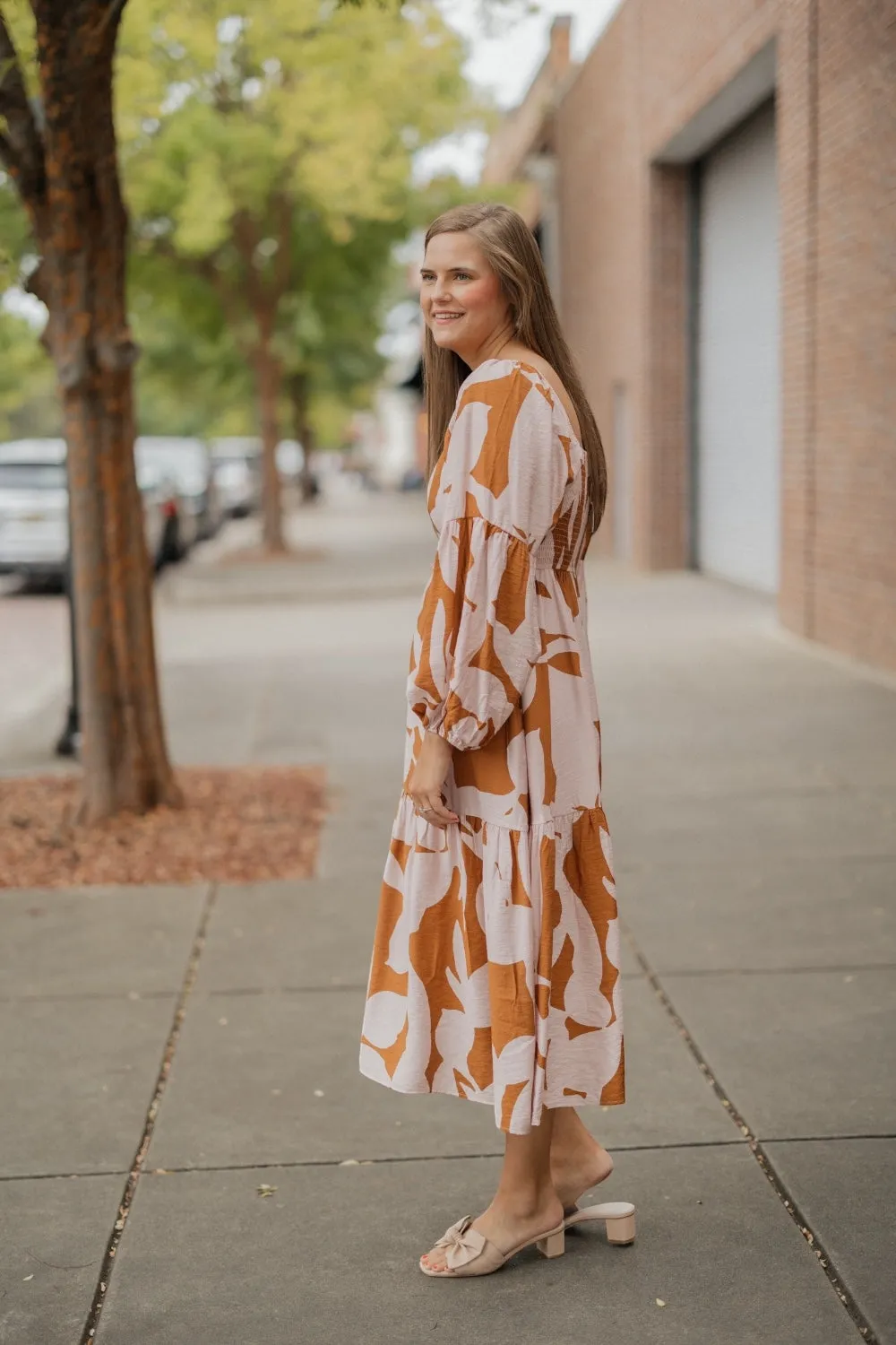 Abbie Abstract Print Bubble Sleeve Midi Dress (S-3XL)