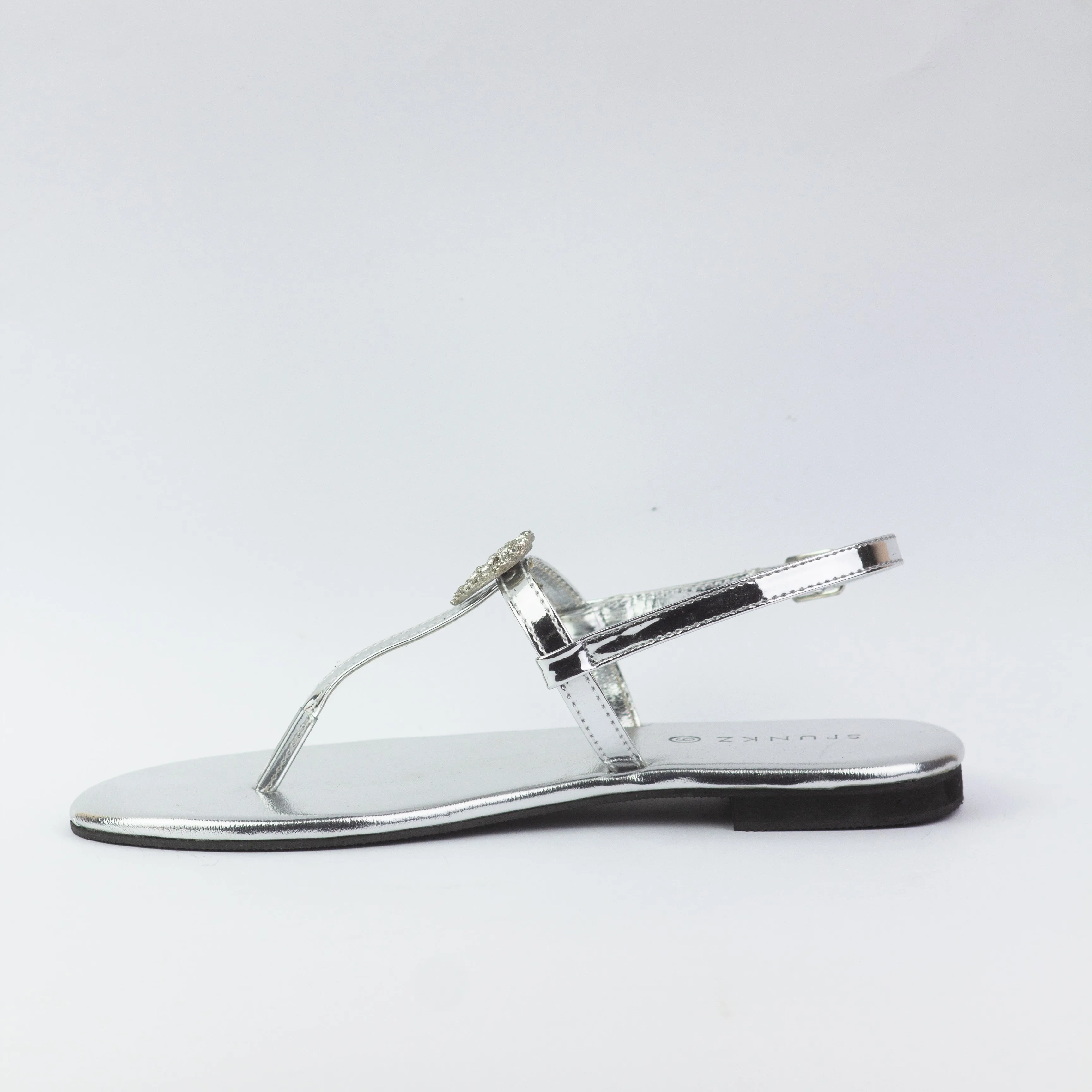 Anya T-Strap Silver Thong Sandals with Buckle Closure-11071