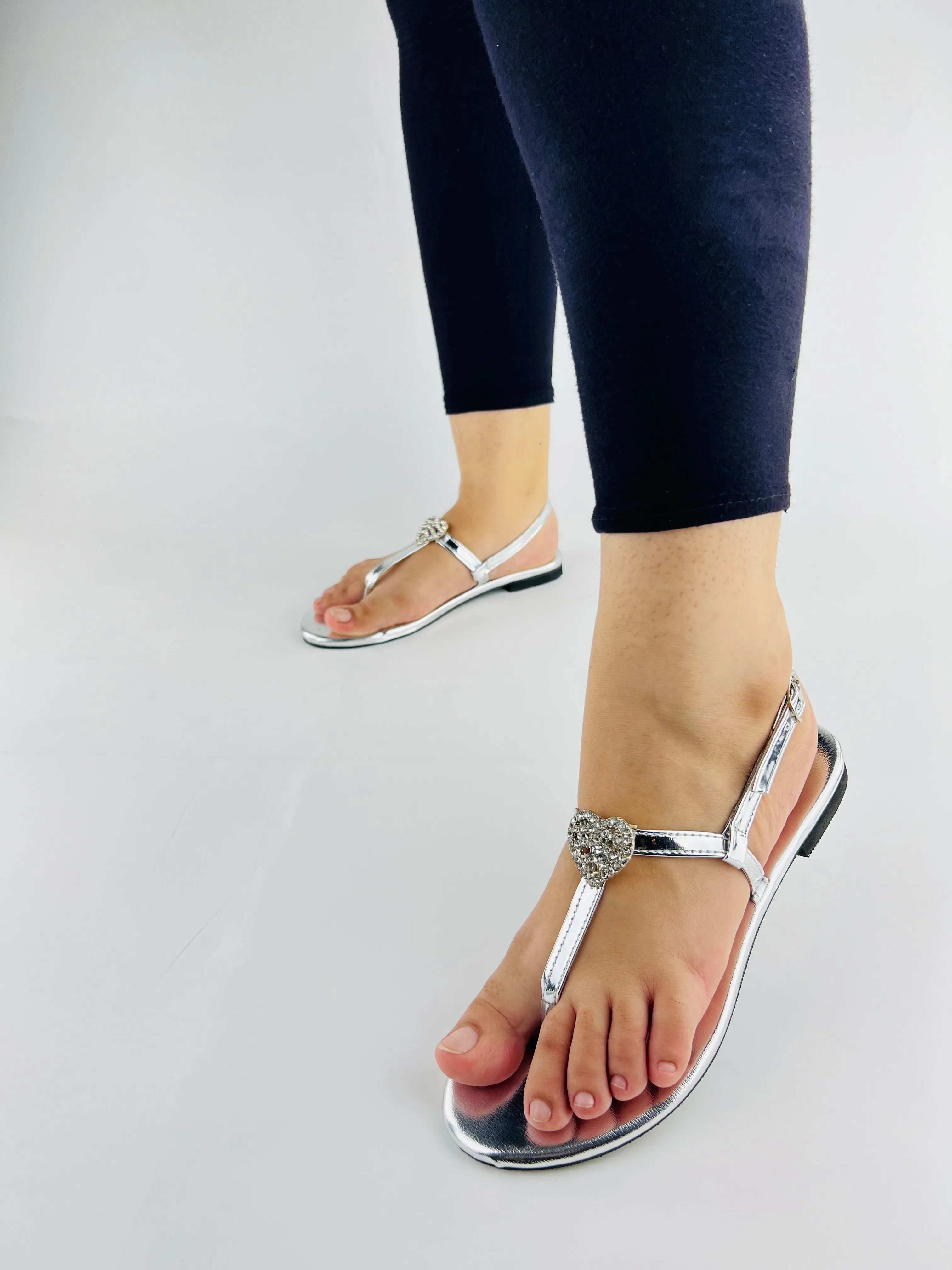 Anya T-Strap Silver Thong Sandals with Buckle Closure-11071
