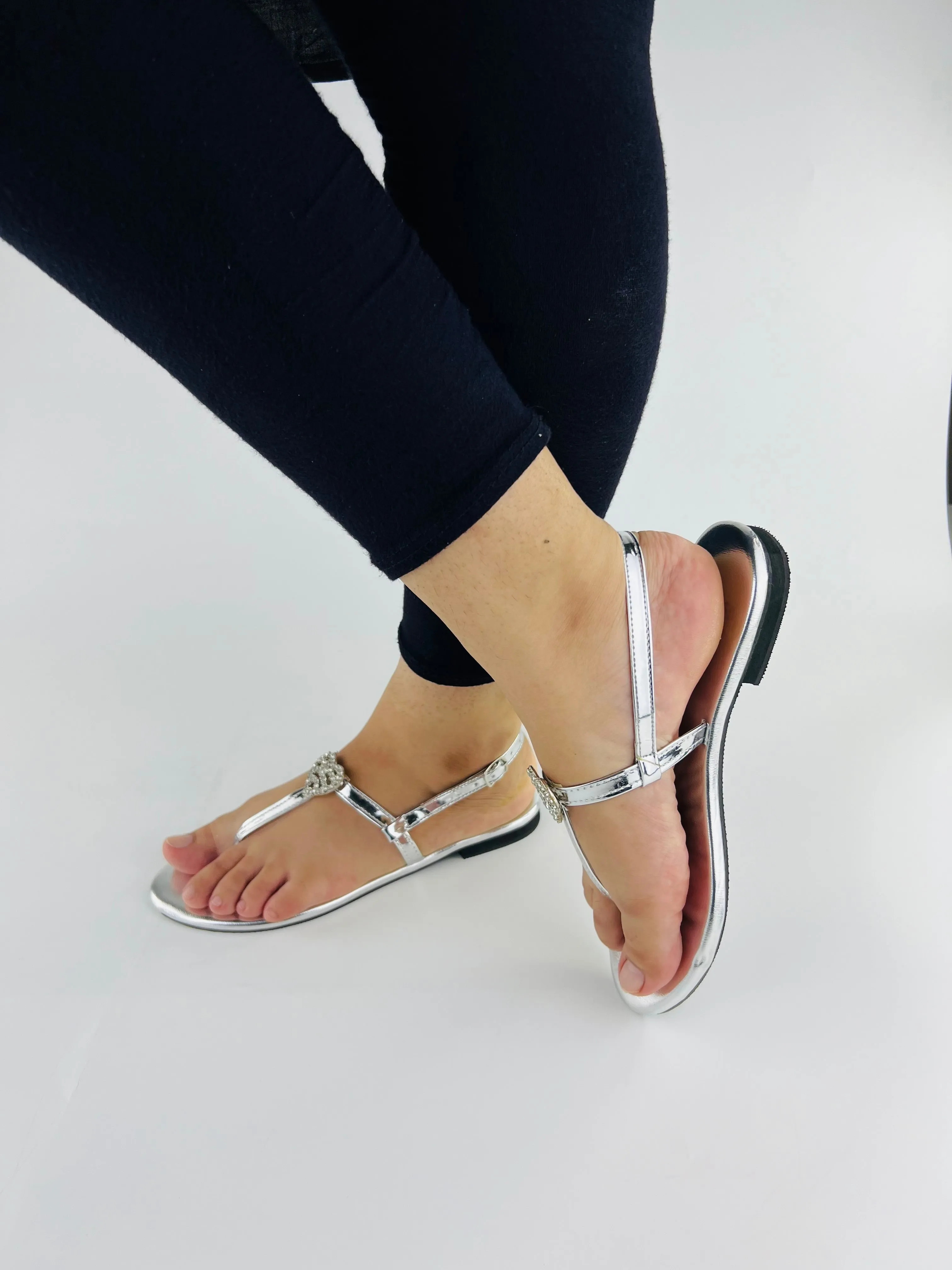 Anya T-Strap Silver Thong Sandals with Buckle Closure-11071