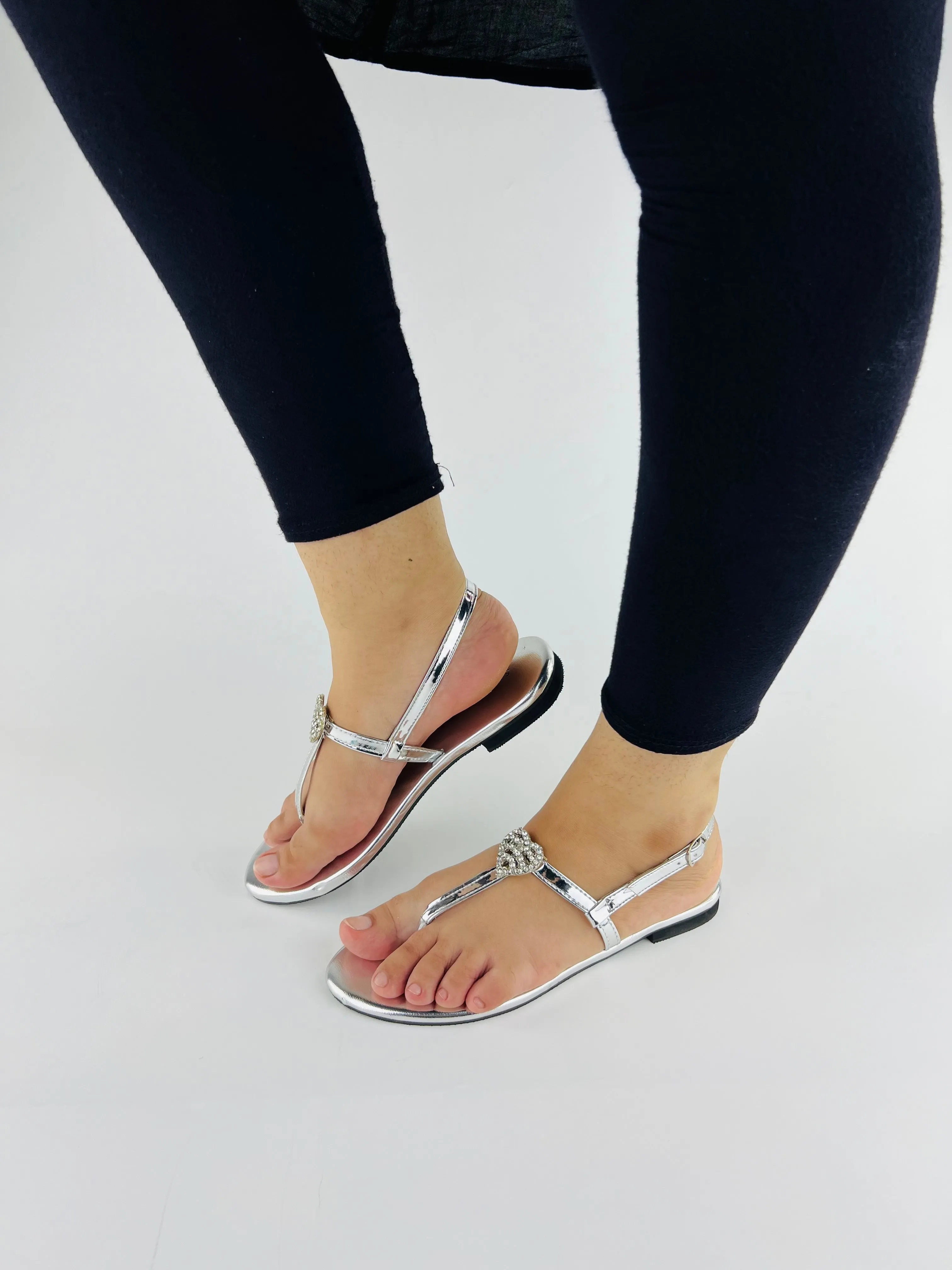 Anya T-Strap Silver Thong Sandals with Buckle Closure-11071