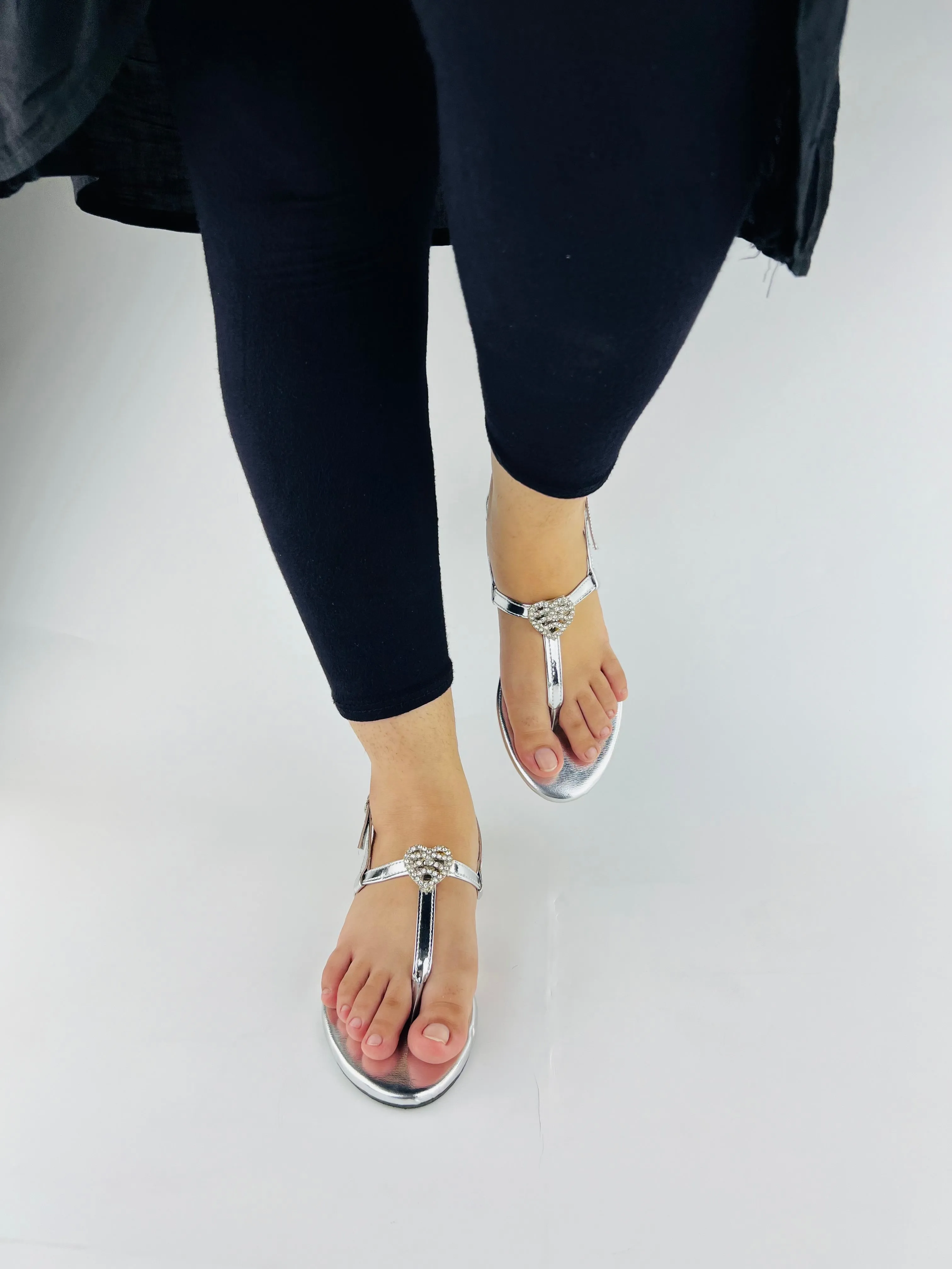 Anya T-Strap Silver Thong Sandals with Buckle Closure-11071