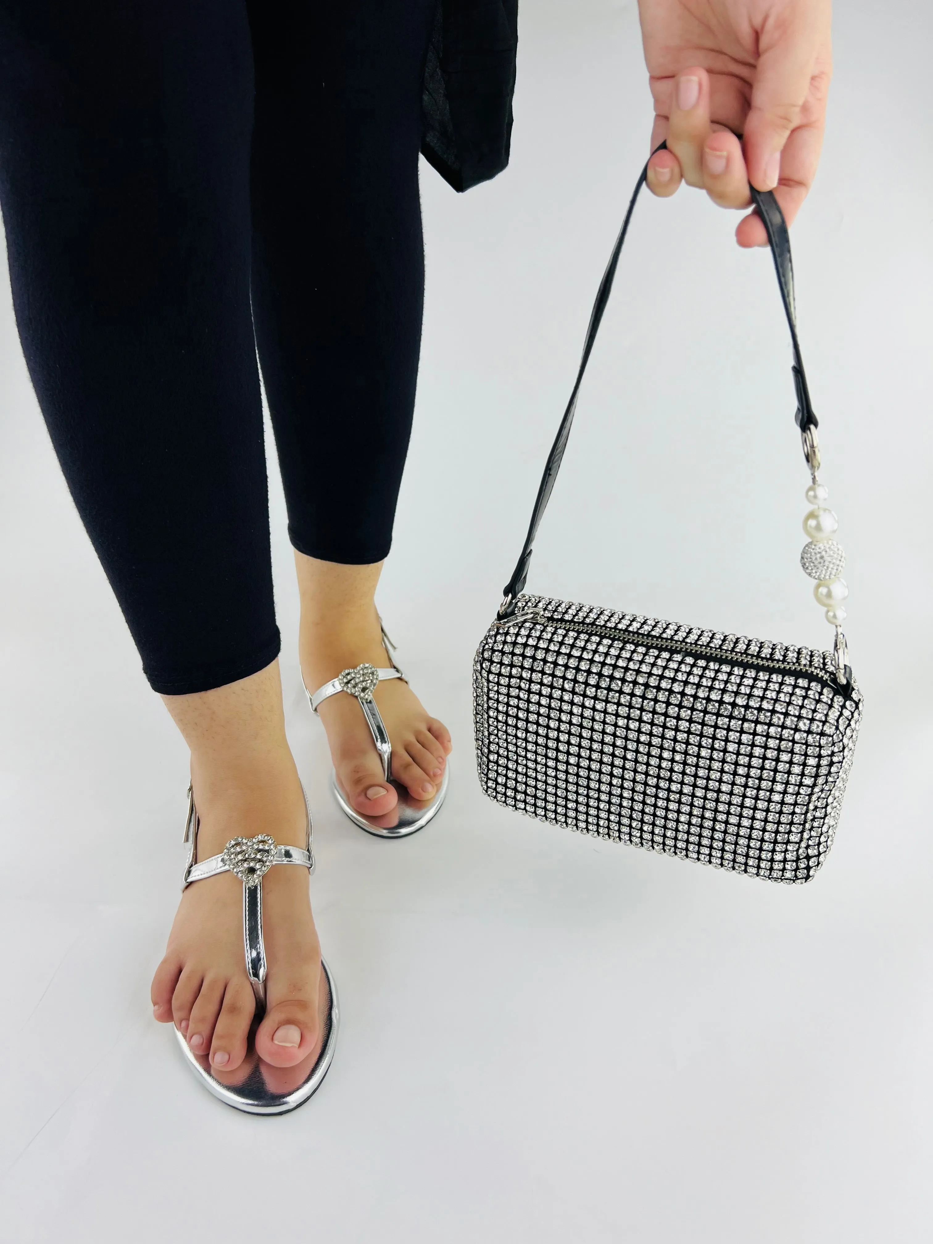 Anya T-Strap Silver Thong Sandals with Buckle Closure-11071