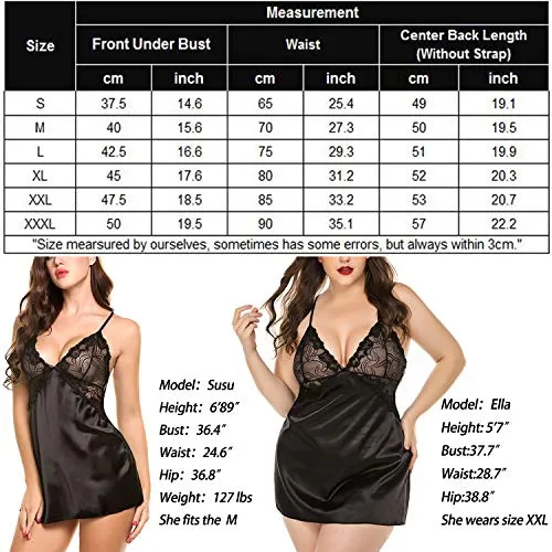 Avidlove Women Lingerie V Neck Nightwear Satin Sleepwear Lace Chemise Mini Teddy Black S