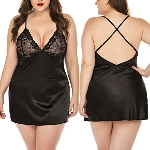 Avidlove Women Lingerie V Neck Nightwear Satin Sleepwear Lace Chemise Mini Teddy Black S