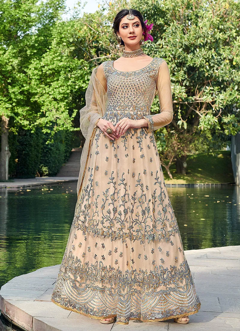 Baby Pink And Grey Zari Embellished Designer Anarkali Gown