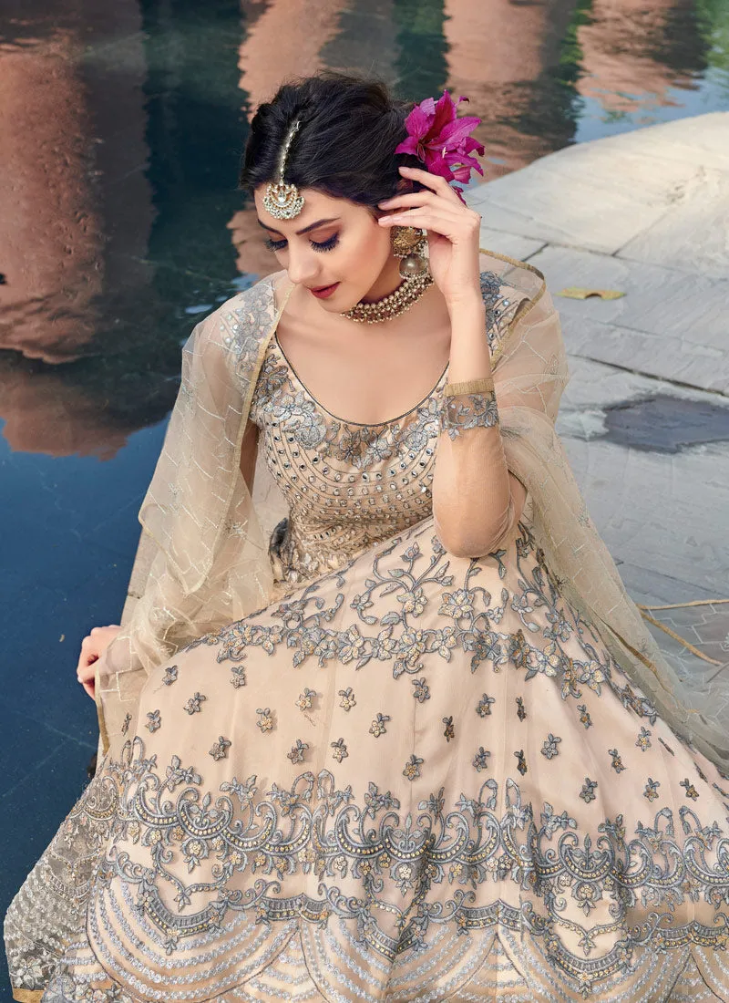 Baby Pink And Grey Zari Embellished Designer Anarkali Gown