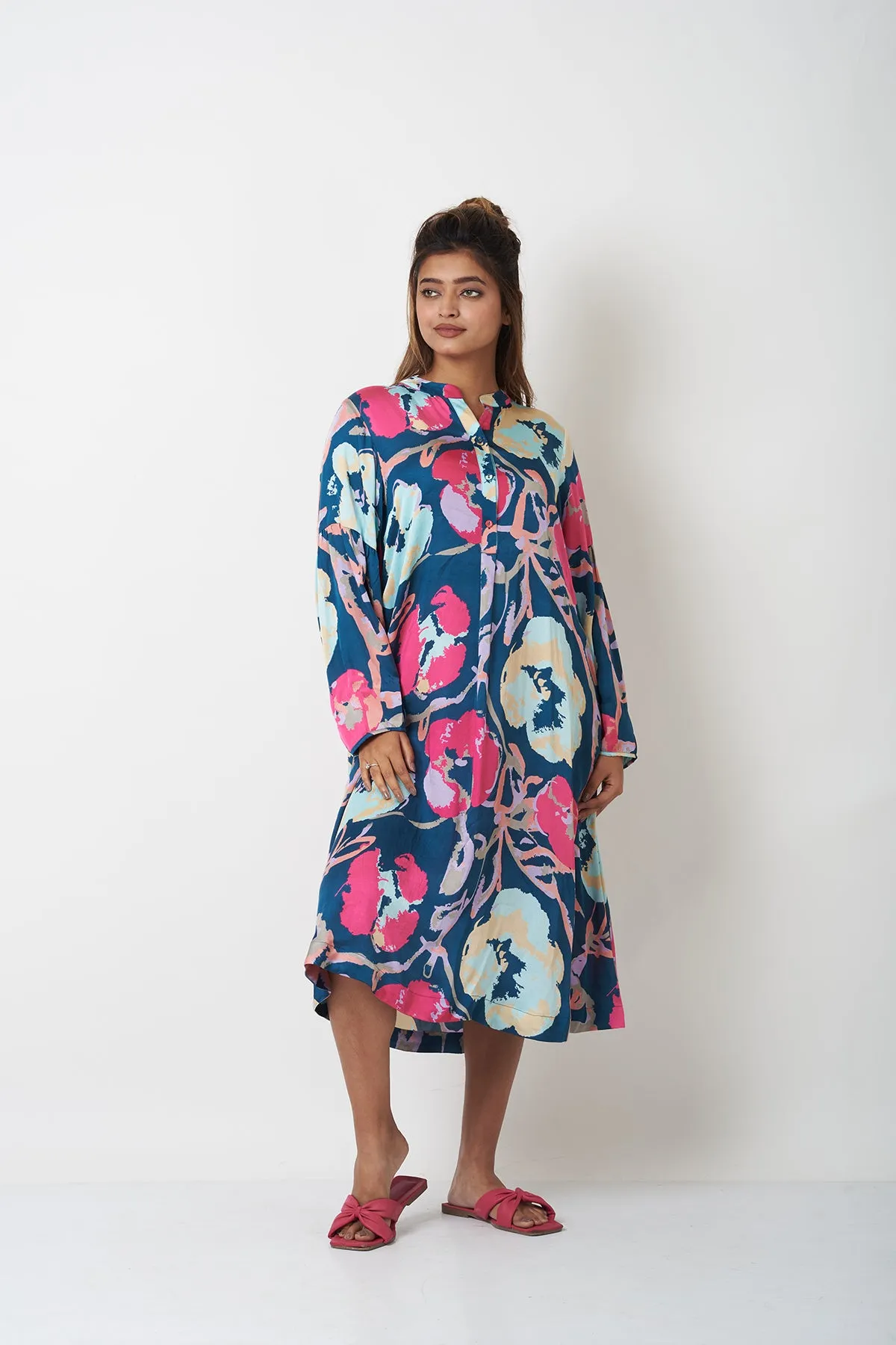 BAND COLLAR DRESS - TEAL BLUE