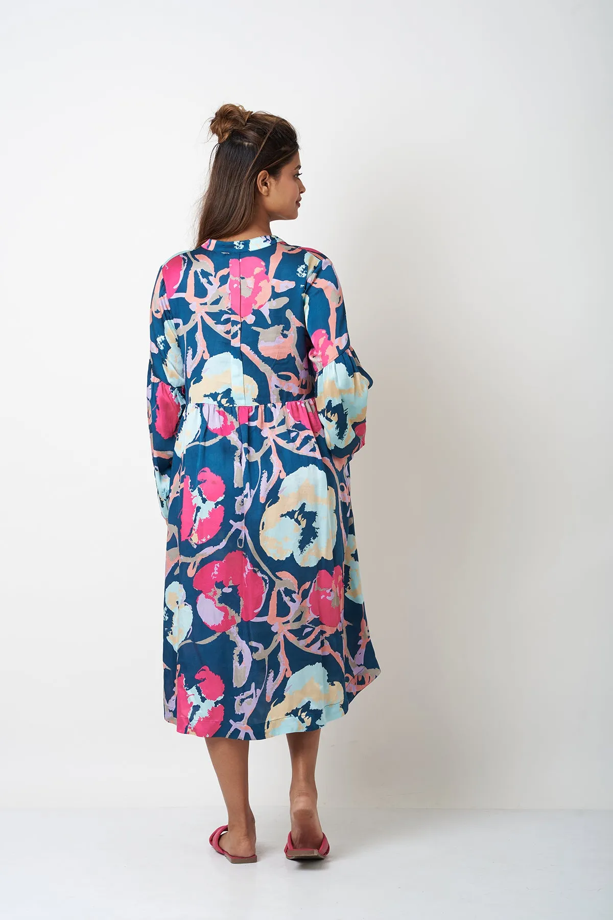 BAND COLLAR DRESS - TEAL BLUE