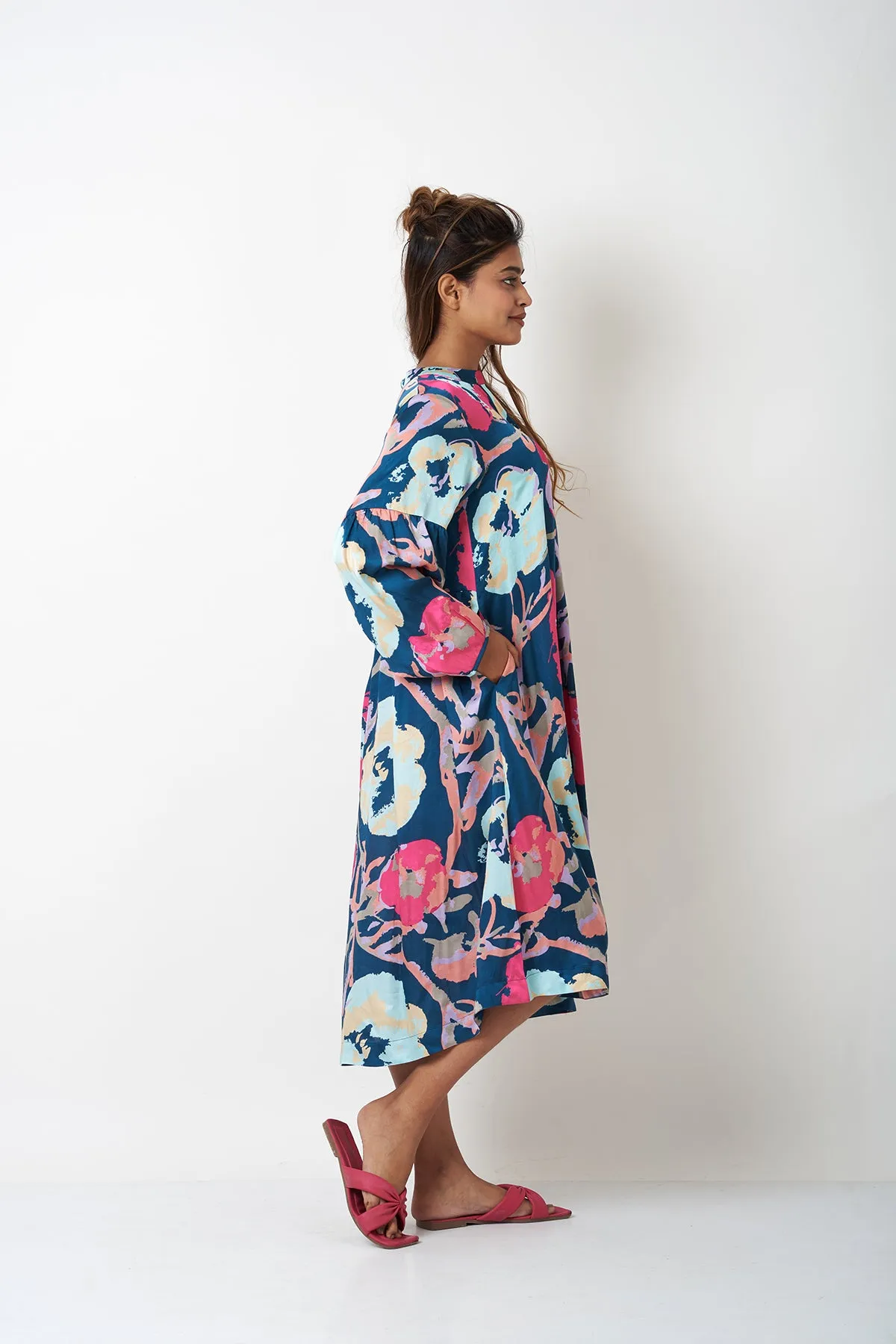 BAND COLLAR DRESS - TEAL BLUE