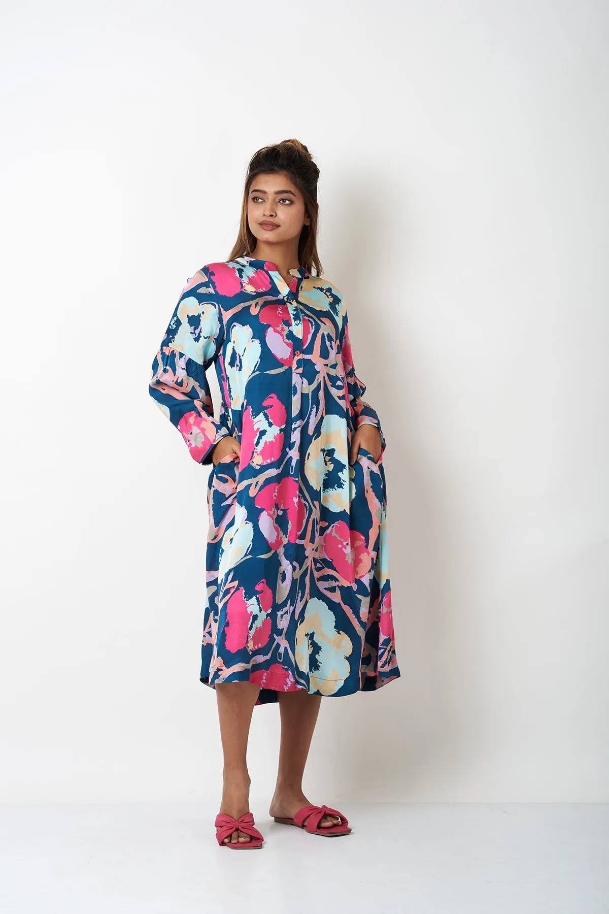 BAND COLLAR DRESS - TEAL BLUE