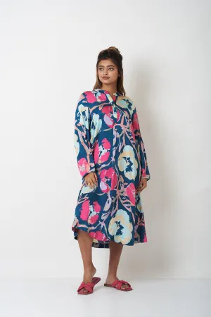 BAND COLLAR DRESS - TEAL BLUE
