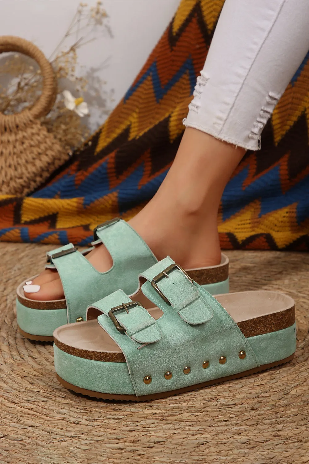 Beige Suede Buckle Decor Corky Platform Sandals