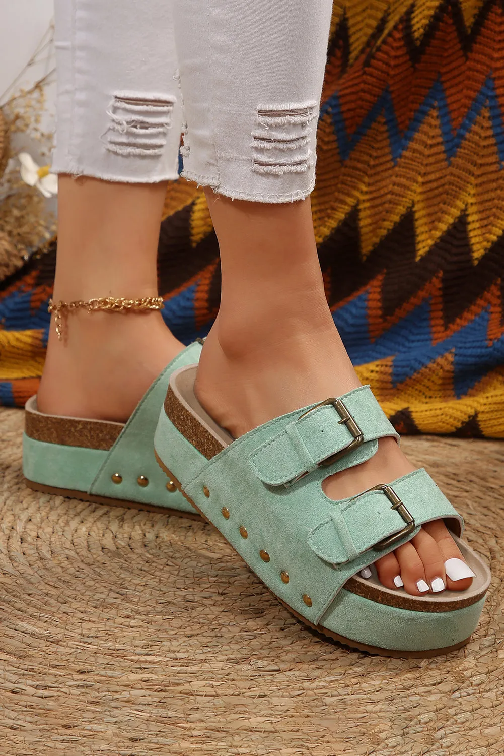 Beige Suede Buckle Decor Corky Platform Sandals